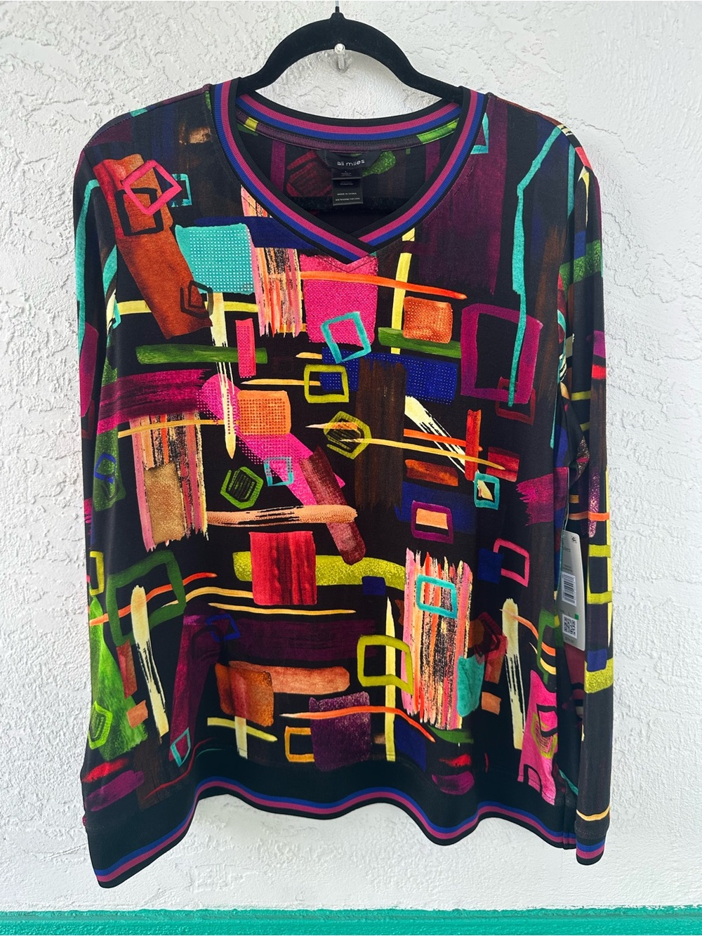 Ali Miles Abstract Multi Stroke V-Neck Popover Top Large NWT